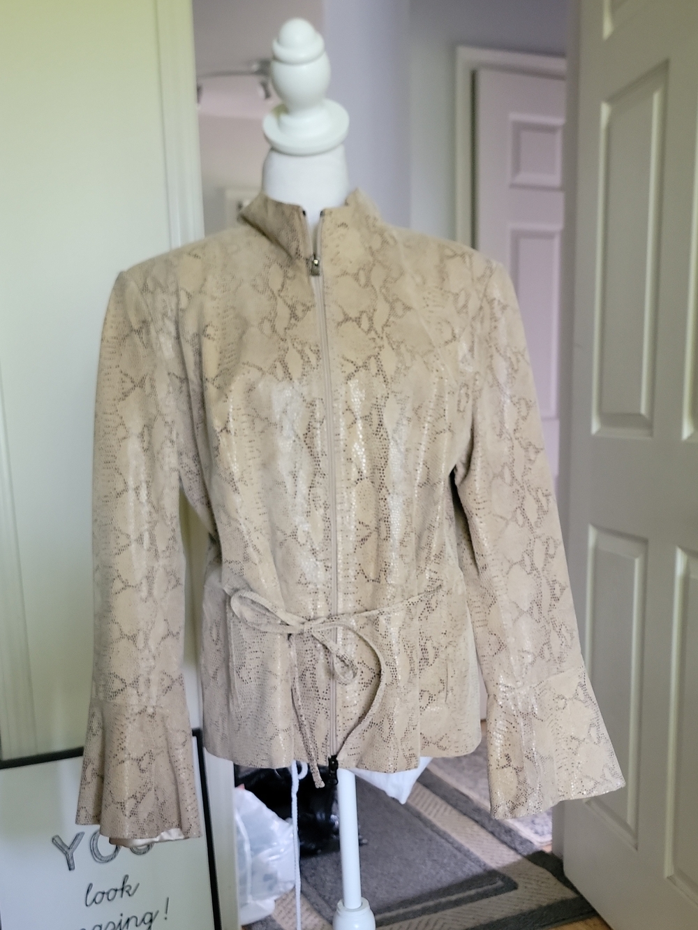 Marvin Richards Leather Beige Snake-Print Zip Front Women's Jacket